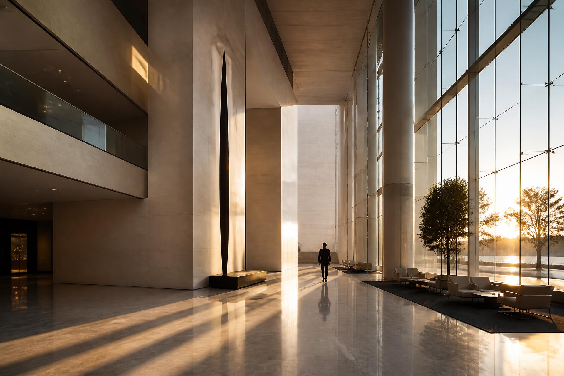 Sunrise light crossing the stone atrium of a corporate headquarters