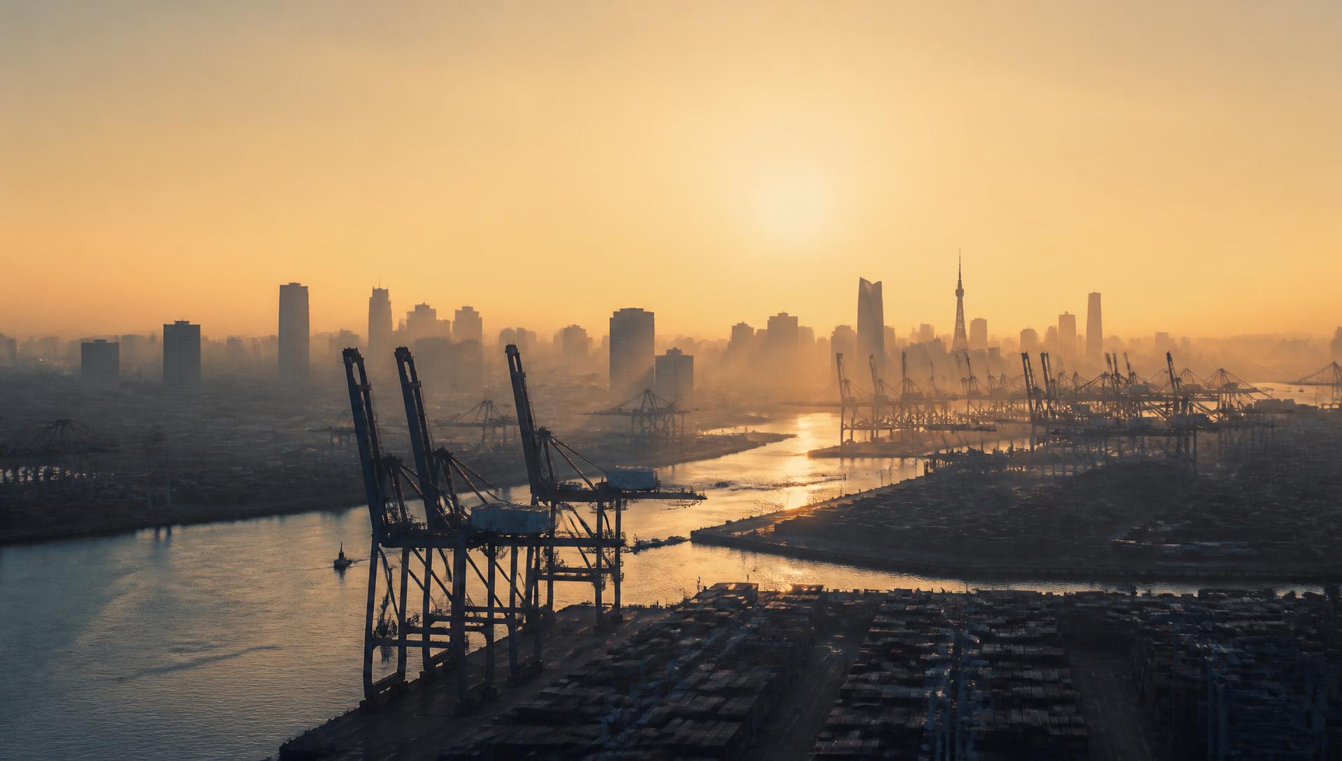 Aerial view of a port and city skyline at dawn